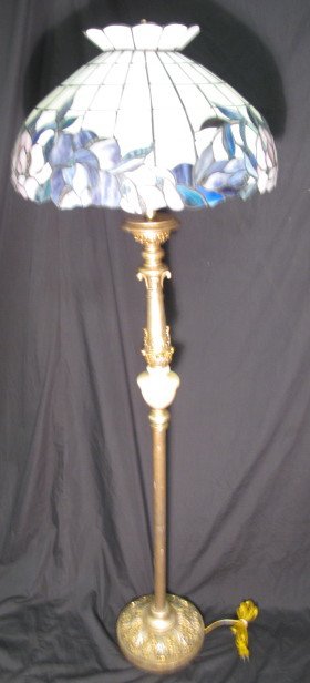 STANDARD FLOOR LAMP WITH STAINED GLASS SHADE: Standard floor lamp with a contemporary stained glass style plastic shade. Height: 62". Diameter of shade: 20". Total weight: 35 lbs. Condition: Good.