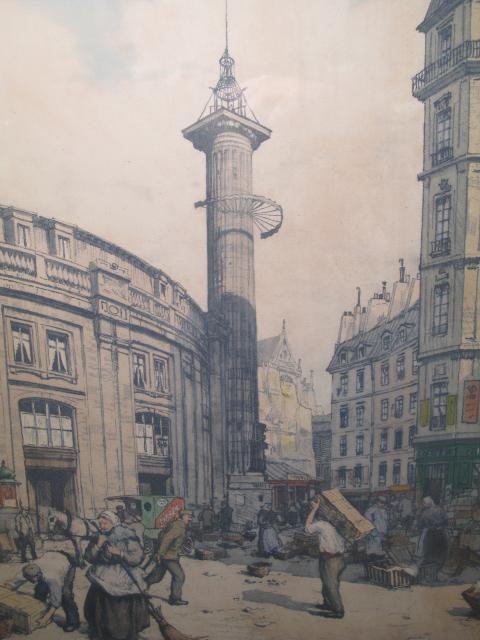 Frantisek SIMON-TAVIK ETCHING PARIS MARKET SCENE: Etching with color, The Bourse de Commerce by Frantisek Simon-Tavik. Signed in pencil lower right corner. Print measures 16 1/2" tall x 13" wide and framed is 22 1/2" tall x 18 1/2" wide. Good conditi