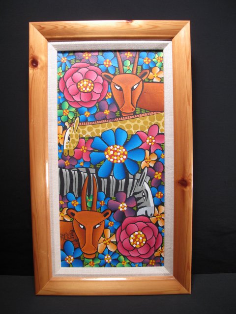 HAITIAN PAINTING ON CANVAS FRITZ ST. JEAN ANIMALS: Haitian painting on canvas by Fritz St. Jean depicting African animals: a zebra, a giraffe and gazelles along with bright painted flowers. Signed illegibly l.l. Stretcher measures: 16" x 7 3/4". Varni