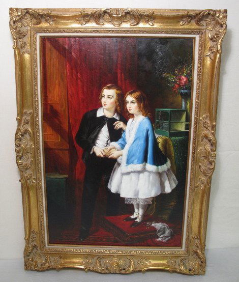 OIL PAINTING ON CANVAS PORTRAIT BOY AND GIRL: Handsome contemporary portrait of a boy, oil on canvas. Signed l.r., "Robert Adam". Stretcher measures 36" x 24". Gilded wood frame measures 44" x 32". Weight: 11.8 lbs. Condition: very good.