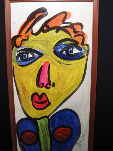 PETER ROBERT KEIL PAINTING "YOUNG ANDY WARHOL": Peter Robert Keil, (Polish, b1945.) Abstract painting on masonite board signed l.r., "Peter Keil and dated, '85". Signed and Title verso: 'Young Andy Warhol'. Board measures 48" x 24". Frame measures