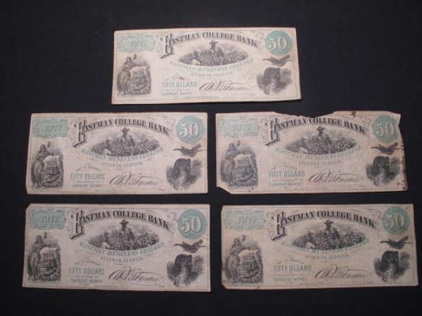 FIVE ANTIQUE EASTMAN COLLEGE BANK $50 NOTES C19TH: Five antique Eastman College Bank $50 currency notes. Eastman College of Poughkeepsie, New York. Main engraving depicts an African American picking cotton with the legend, "Eastman Business College. A