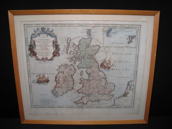 ANTIQUE HAND COLORED ENGRAVED MAP BRITAIN G. WIDMA: Antique hand colored map of Great Britain on laid paper. Signed in the plate, Georgio Widman along with the date of 1677. This is probably a later copy of the original map, possibly 19th Century. The