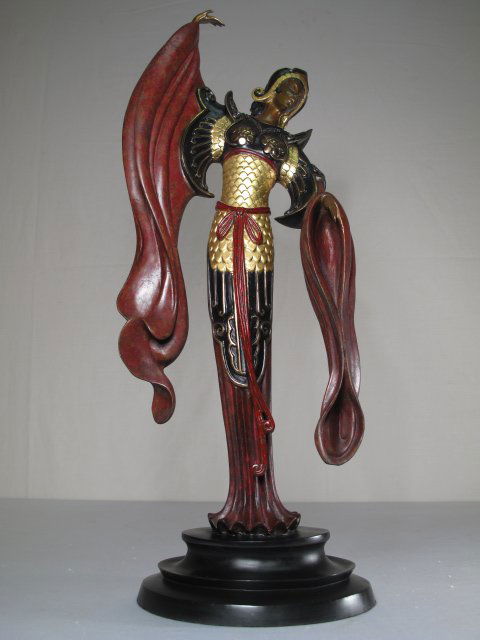 ERTE BRONZE STATUE "CHINESE LEGEND" SIGNED 268/500: Erte (Roman de Tirtoff 1892-1990) polychrome bronze statue of a woman entitled "Chinese Legend". Signed and numbered 268/500. Dated 1988. Height: 22". Width: 9" at its widest point. Weight: 18 lbs. Co