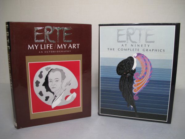 TWO REFERENCE BOOKS ON ERTE (ROMAIN DE TIRTOFF): Two hardback reference books on Erte (Romain de Tirtoff) including: "Erte: My Life/My Art" and "Erte at Ninety: The Complete Graphics". Each book with original dust jacket. Each book measures 14" x 10