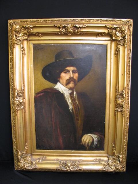 OIL ON CANVAS PORTRAIT PAINTING SIGNED F. ROYBET: Large oil on canvas portrait painting of a man wearing a large hat. Signed upper left corner F. Roybet. Canvas has a clear varnish over it. Canvas was black lighted and no damage was found, only crack