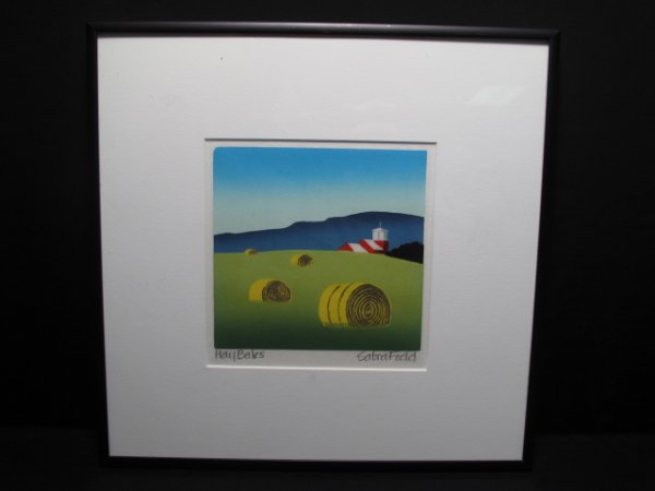 SABRA FIELD SIGNED WOOD CUT PRINT HAY BALES: Original Sabra Fields wood cut print, pencil signed and Titled, Hay Bales.