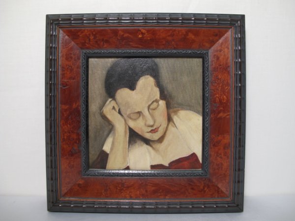 CONTEMPORARY OIL PAINTING ON CANVAS ORNATE FRAME: Contemporary oil painting on canvas of a young woman reading. Unsigned. Ornate burl wood frame with ebonized edges. Canvas measures 8" by 8". Frame measures 13 1/4" by 13 1/4". Weight: 2.0 lbs. Condit