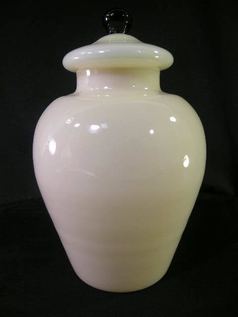 BRISTOL GLASS COVERED GINGER JAR: BRISTOL GLASS COVERED GINGER JAR - Measures 10 3/4" tall by 6 1/2" wide. Creamy beige with a black finial. No maker's marks.****PLEASE NOTE ***** 1) The Ending Time posted for this item is wrong. Ebay