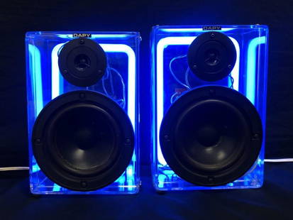 PAIR VINTAGE DAPY NEON LIT LUCITE SPEAKERS WORKING: Pair of vintage working Dapy lucite / acrylic speakers with interior neon lights. Each one measures 10" tall x 6.7" wide and 4.5" deep. Blue neon lights working. Condition: One speaker is missing two