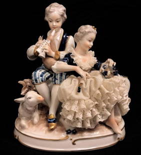 UNTERWEISSBACH GERMAN PORCELAIN FIGURINE: Unterweissbach German porcelain figurine depicting a man and woman. Marked on base. Measures 6.25" tall x 6" wide. Condition: good, no chips, no cracks, no repairs, see images. Weight: 1.7 lbs.