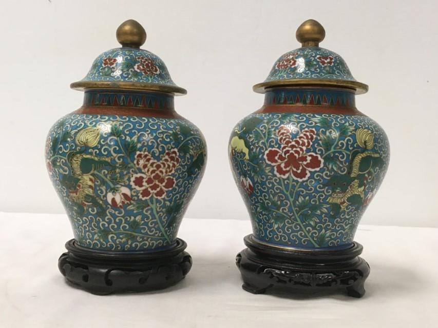 PAIR JAPANESE MEIJI PERIOD CLOISONNE GINGER JARS (1 of 13)