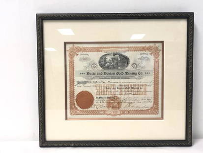 BUTTE AND BOSTON GOLD MINING CO STOCK BOND CERT.: Butte and Boston Gold Mining Company stock certificate bond number 302 for 500 shares at $1 each. Dated 1899, Spokane, Washington. Nicely framed with double window showing front and back. Frame