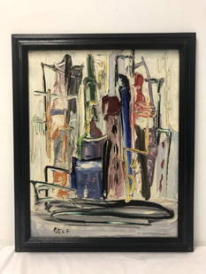 ABSTRACT IMPASTO PAINTING ON BOARD SIGNED GELF: Modern abstract impasto painting on board, signed "Gelf" lower left. Measures (sight) 19.5" tall x 15.5" wide, and (frame) 23.1" tall x 19.2" wide. Condition: good, frame may show minor signs of