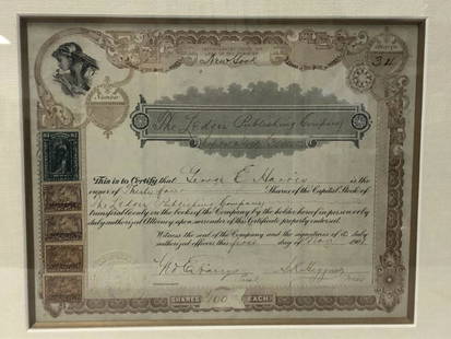 ANTIQUE LEDGER PUBLISHING COMPANY STOCK CERTIFICATE: Antique stock certificate from The Ledger Publishing Company, dated 1901, New York state. Entitled owner to thirty four shares at $100 each. Nicely framed in a double window frame showing both sides