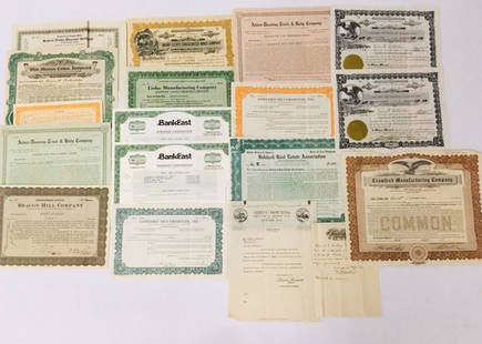 EIGHTEEN EARLY-LATE 20TH C STOCK CERTIFICATES: Lot of eighteen assorted early to late 20th century stock certificates. Includes companies such as Mount Elliott Consolidated Mines Company, Stevens Walden-Worcester Inc, White Mountain Candies Inc,