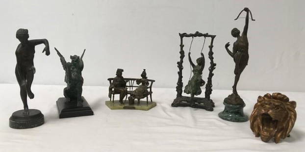 SIX VINTAGE BRONZE SCULPTURES, MOREAU, ETC: Lot of six vintage bronze sculptures. Includes a 10" woman on swing after Augustus Moreau, a 13" tall figure of Diane the Archer, a 5" tall bronze and onyx sculpture of "Pris Au Piege" by Maxim, a
