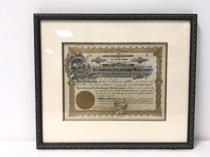 ANTIQUE GOLD MINING STOCK CERTIFICATE 1908 WYOMING: Antique mining stock certificate from The Combination Gold and Copper Mining Company for five hundred shares at $1 each. Dated 1908, Centennial Wyoming. Nicely framed in a double window frame showing