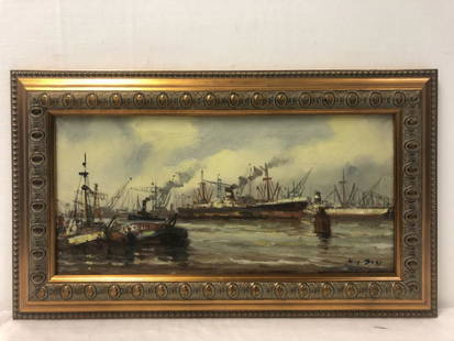 VINTAGE OIL ON CANVAS PAINTING: RIJNHAVEN ROTTERDAM: Vintage oil on canvas painting of the Rijnhaven, Rotterdam. Signed illegibly lower right. Framed measuring a total of 14.5" tall x 24.5" wide. Condition: some craquelure to oils, see images. Weight: