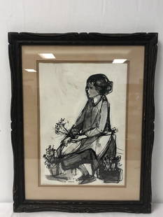 RUTH SCHLOSS GOUACHE ON PAPER PAINTING: FLOWER SEL: Ruth Schloss (Israeli, 1922-2013) gouache painting on paper. Subject: flower seller. Signed lower mid left. Matted and under glass in a antique finish frame measuring 27.5" tall x 21.5" wide. Sight