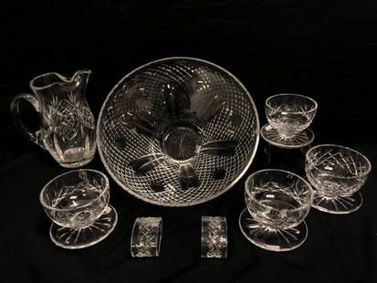 ASSORTED WATERFORD CUT CRYSTAL: 8 PCS: Lot of assorted Waterford Irish cut crystal. Includes a 4.15" tall x 12" diameter low bowl, a pair of 2.5" oval napkin rings, a 7.6" tall pitcher, (1) "Alana" Sundae dish, and (3) "Lismore" sundae