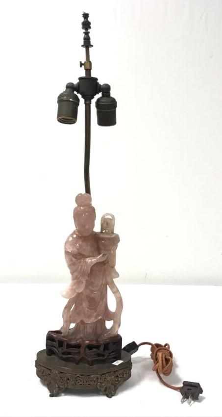 CHINESE CARVED ROSE QUARTZ GUANYIN AS A TABLE LAMP (1 of 20)