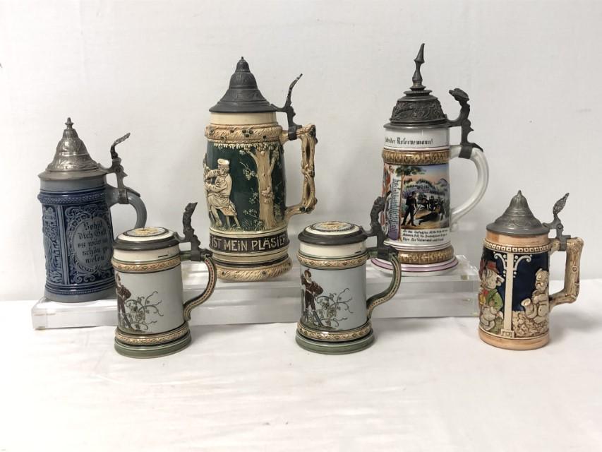 SIX ASSORTED ANTIQUE & VINTAGE GERMAN BEER STEINS (1 of 20)