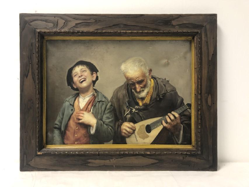 ANTIQUE OIL ON CANVAS PAINTING: CHILD & LUTE PLAYER (1 of 12)
