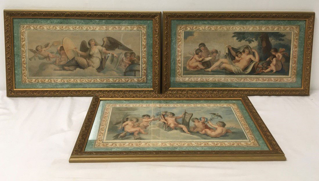 THREE FRAMED 18TH C BARTOLOZZI PRINTS BY BOVI: Lot of three framed hand colored stipple engravings produced by Francesco Bartolozzi, published by Mariano Bovi and original image after Giovanni Battista Cipriani. Each one framed measuring 14.5" x 2