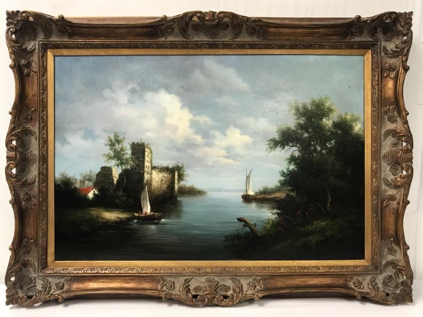 VINTAGE OIL ON CANVAS PAINTING: CASTLE RUINS KUNST (1 of 12)