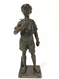 ADOLPHE JEAN LAVERGNE BRONZE SCULPTURE CHARMEUR: Adolphe-Jean Lavergne bronze sculpture titled "Charmeur de Lézards". Measures 11" tall. Marked at the front of base with title plaque. Condition: loss to stick in boy's left hand, some areas with b