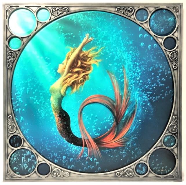 DAVID MILLER L.E. ARTIST PROOF GICLEE ON CANVAS: David Miller limited edition artist's proof giclee on canvas, titled "Sea Goddess". Numbered and hand signed lower right "David Miller 1/10". Custom carved wood frame in antique pewter finish, measure