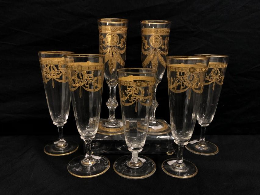 SEVEN FRENCH GILT CRYSTAL FLUTES: ST. LOUIS, ETC. (1 of 15)