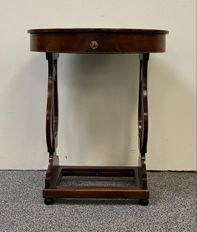 ANTIQUE VIENNESE BIEDERMEIER PARQUETRY WORK TABLE: Antique early to mid 19th century Viennese Biedermeier lyre base work table or sewing table. Locking flip top opens to reveal a number of covered compartments within. Measures a total of 28.75" tall x