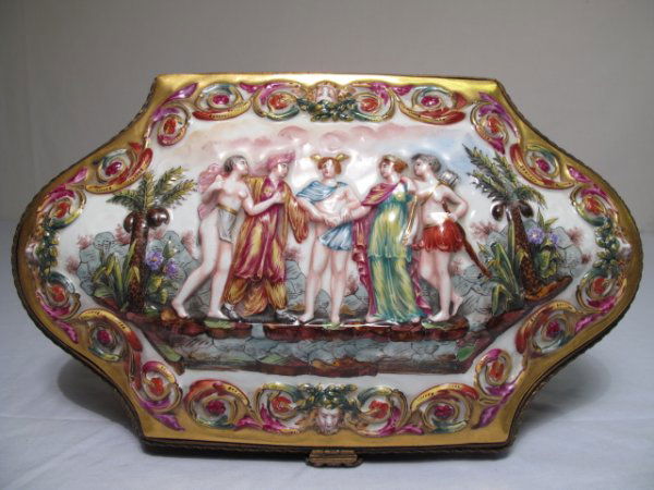 VINTAGE CAPODIMONTE JEWELRY CASKET BRONZE MOUNTS: Vintage capodimonte jewelry casket with bronze mounts. Decorated with classical scenes. Width: 13". Depth: 7 1/2". Height: 5". Weight: 5.3 lbs. Condition: chip on the base.