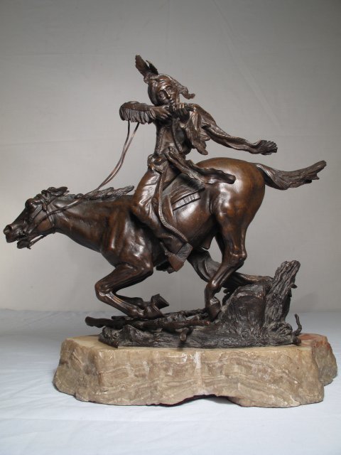 CARL KAUBA BRONZE "Running Fire" INDIAN ON HORSEBA: Karl Kauba (1865-1922) bronze sculpture of a native American Indian on horseback. Signed on the base, C. Kauba. Born in Austria, Kauba came to America around 1886 and is known for his naturalistic Wes