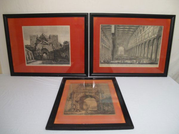 THREE ANTIQUE ITALIAN ENGRAVINGS PIRANESI ROSSINI: Three antique Italian antique engravings of classical scenes. One by Piranesi, and two by Rossini. Largest engraving is executed by Piranesi. This image measures 16 1/2" x 24". Smallest image by Rossi