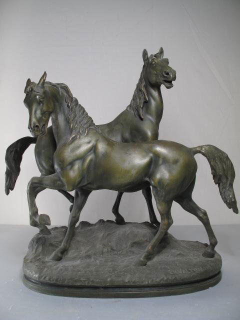 CHARLES VALTON (1851-1918) METAL SCULPTURE HORSES: Charles Valton (1851-1918) spelter figural grouping of two horses after A. Barye. Signed on the front of the base "CH VALTON" and "A. BARYE". Foundry seal verso. Applied dark green patina. Sculpture m