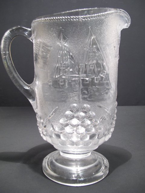 ANTIQUE PRESSED GLASS PITCHER DEWEY OLYMPIA c1898