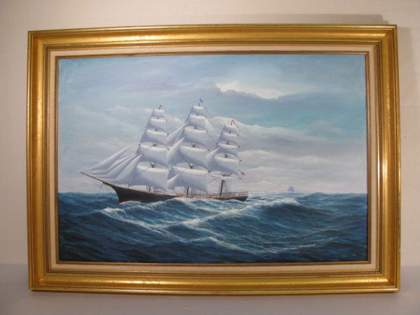 ROBERT LEE PERRY MARINE OIL PAINTING "CHALLENGE": Marine painting on canvas of the clipper ship the "Challenge" at sea. Signed Robert Lee Perry l.r. Gold gilded wood frame. Image: 24" x 36". Frame: 30" x 42". Weighs: 8 lbs. Condition: good. Originall