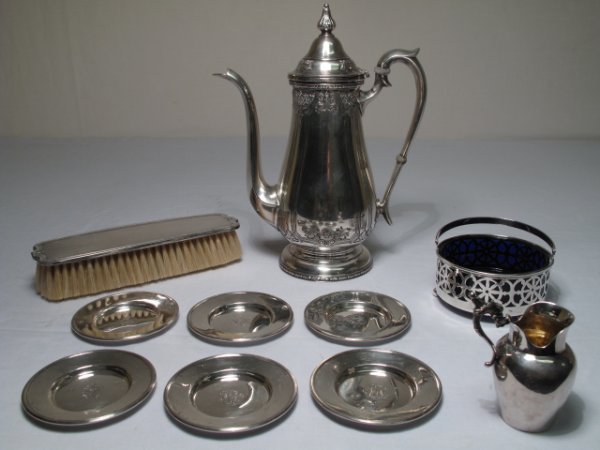 STERLING SILVER COFFEE WATSON GORHAM ETC 10pc: Ten pieces of assorted sterling silver table ware including a Watson & Co. 'Navarre' pattern coffee pot (height: 9", between back of handle and spout: 7 1/4"); six monogrammed butter pats (diameter: 3