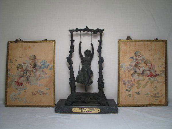 THREE PIECES ANTIQUE MIRRORS BRONZE GIRL ON SWING: Three items including two antique mirrors circa 1890 with lithographic decoration on silk of cherubs and a bronze statuette, late 20th Century, of a girl on a swing after Moreau. Each mirror measures