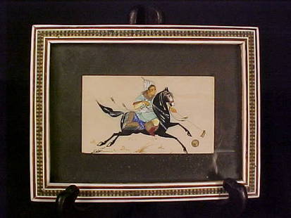 "HAND PAINTED MINIATURE ON IVORY POLO Me: "HAND PAINTED MINIATURE ON IVORY POLO Measures: unframed 4 1/2"" long x 2 1/2"" tall Framed, 7"" wide x 5 1/2"" tall."