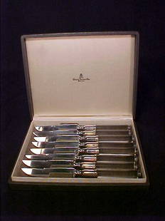 GEORGE JENSEN STERLING SILVER LUCITE KNI: GEORGE JENSEN STERLING SILVER LUCITE KNIVES 8 fruit knives 7" long, minimal wear, good condition, box measures 8" wide by 6 1/2" long.