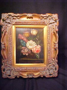 ORNATE SMALL DUTCH STYLE OIL PAINTING Fr: ORNATE SMALL DUTCH STYLE OIL PAINTING Framed 17" tall by 15 1/4" wide. Approximately 20 year old Dutch style floral oil on canvas painting. Cracks to paint. See photos.