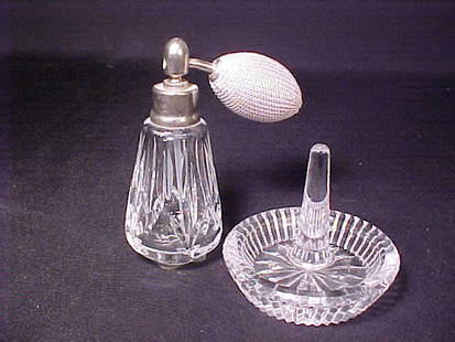WATERFORD CRYSTAL RING KEEPER PERFUME Ri: WATERFORD CRYSTAL RING KEEPER PERFUME Ring keeper - 2 1/2" tall by 3" wide, Perfume atomizer 4" tall by 2" wide.