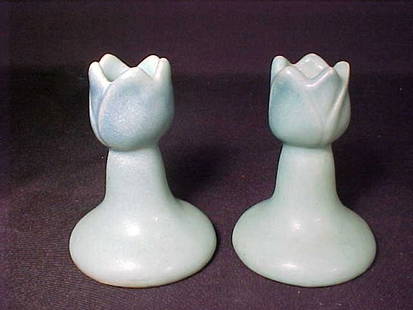PAIR BLUE VAN BRIGGLE POTTERY CANDLESTIC: PAIR BLUE VAN BRIGGLE POTTERY CANDLESTICKS 4" tall
