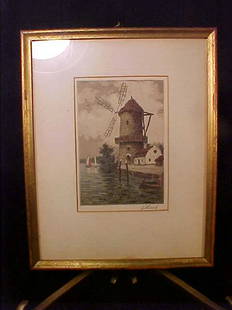 HAND COLORED ANTIQUE ENGRAVING WINDMILL: HAND COLORED ANTIQUE ENGRAVING WINDMILL Framed 9 1/2" tall by 7 1/2" wide.