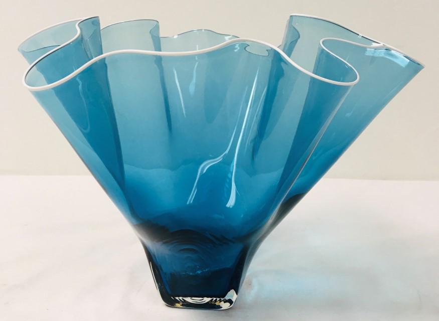 HAND BLOWN ART GLASS HANDKERCHIEF STYLE VASE: Hand blown art glass handkerchief style vase, signed illegibly on base. Measures 10.75" tall x a total of 14.5" wide. Condition: small flake to rim, see images. Weight: 4.6 lbs.