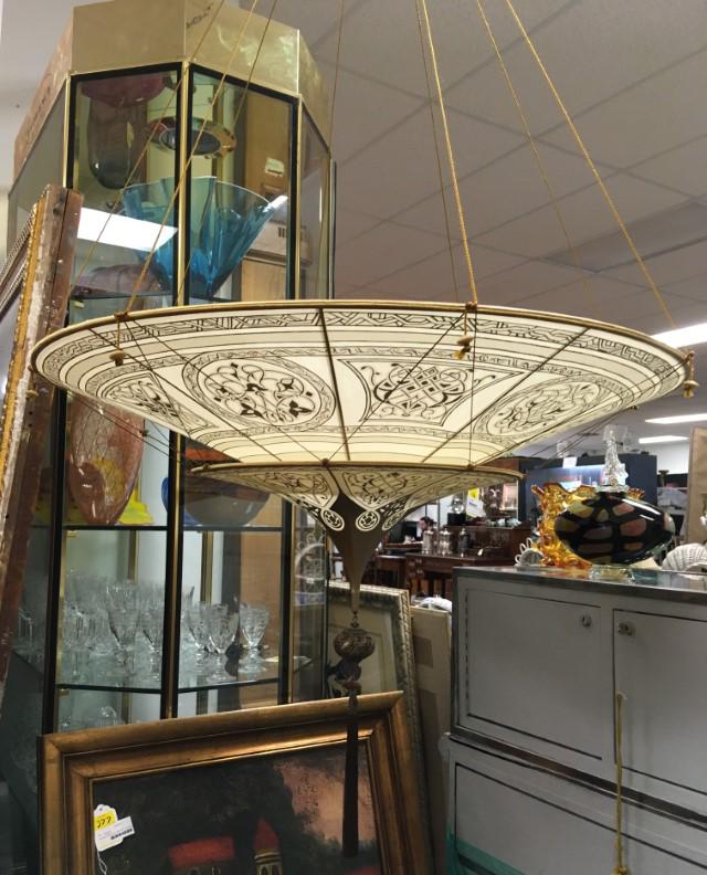 FORTUNY SCHEHERAZADE 2 TIER SILK HANGING CHANDELIE: Fortuny "Scheherazade" two tier silk hanging pendant chandelier. Single pendant lamp hangs down into the shade. Hook at the top for shade to attach. Shade measures a total of 33" in diameter x 17" tal
